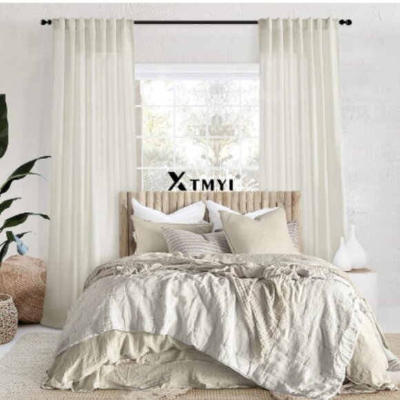 Linen Curtain Panels 50 x 108 Ivory Off White Flax Weave Sheer Drapes Curtains - Picture 16 of 16